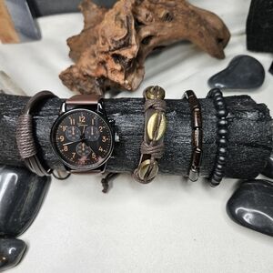 Rugged Men's Geneva Watch & Wood Bracelet Set